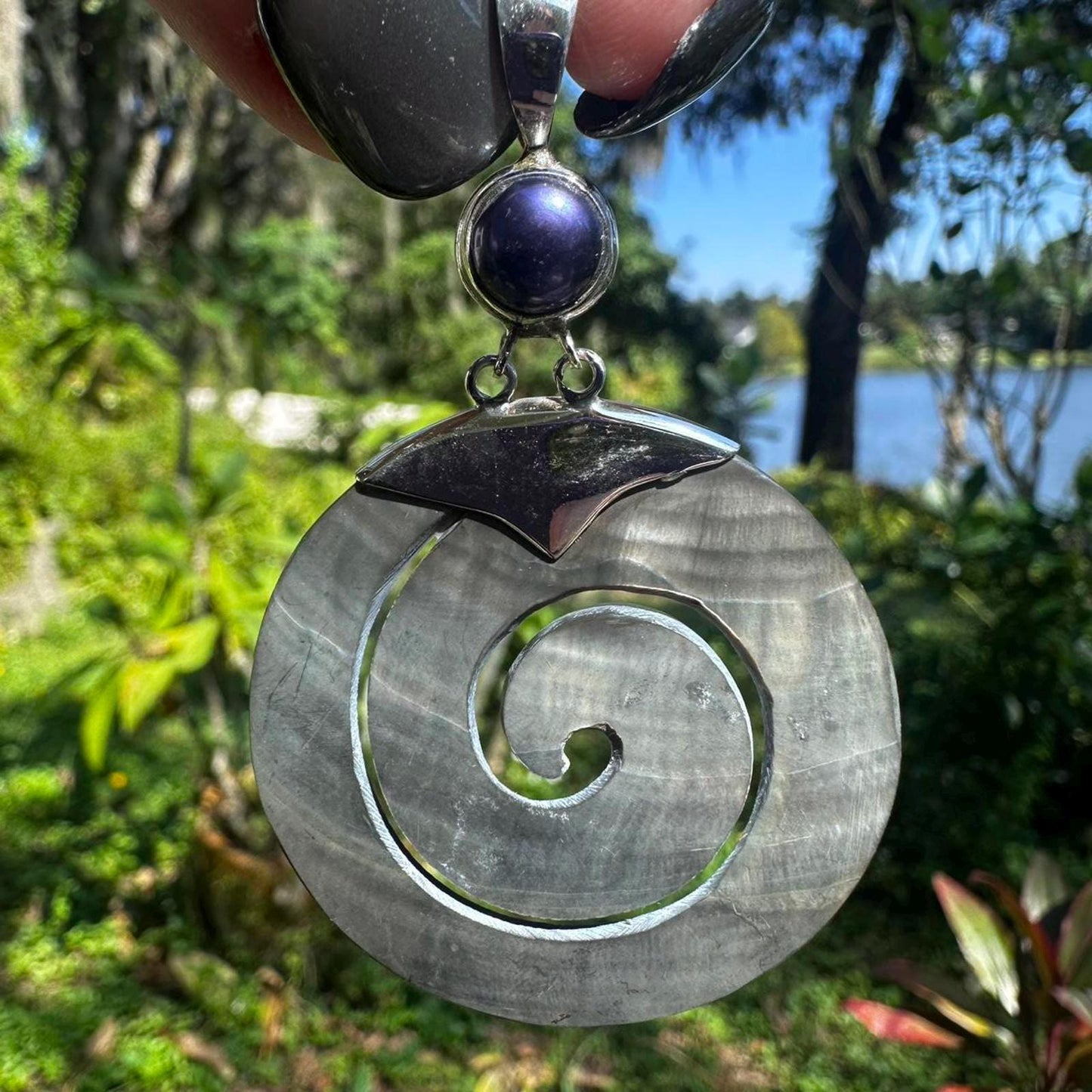 Sterling Silver Purple Abalone Shell Pendant with Purple Pearl Detail