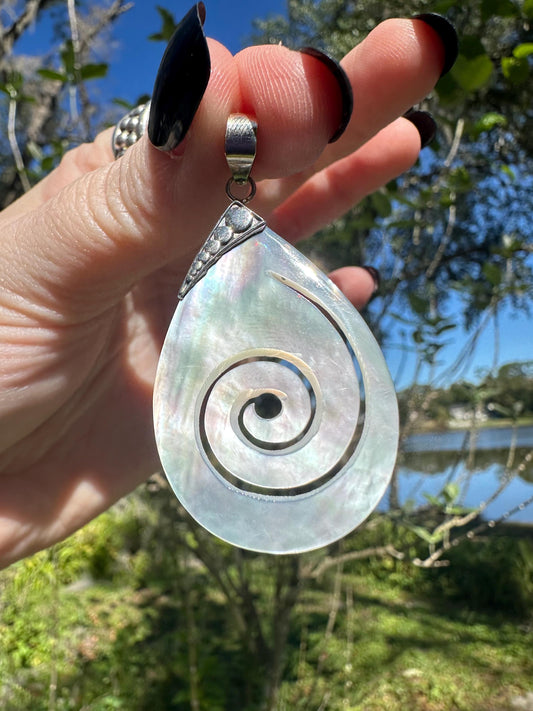 Sterling Silver Spiral Mother of Pearl Pendant 1.5”