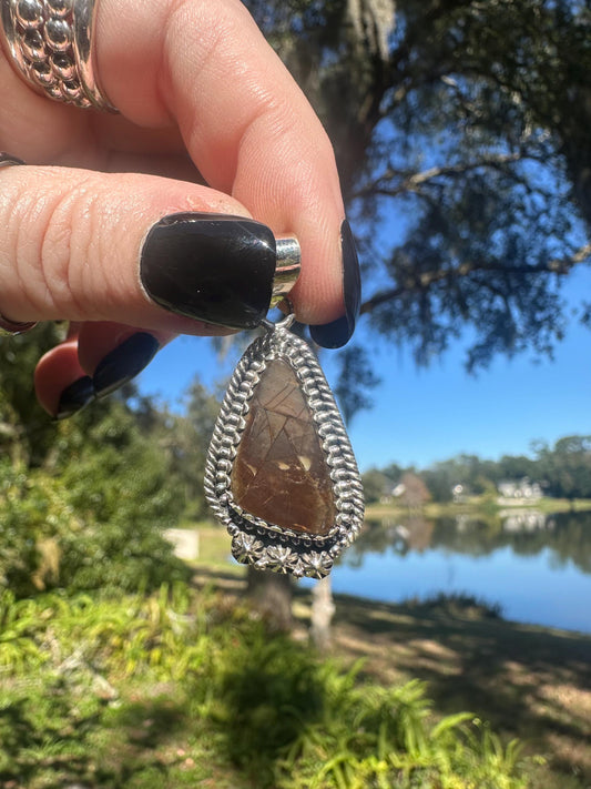 Sterling Silver Red Ammolite Pendant 1.5”