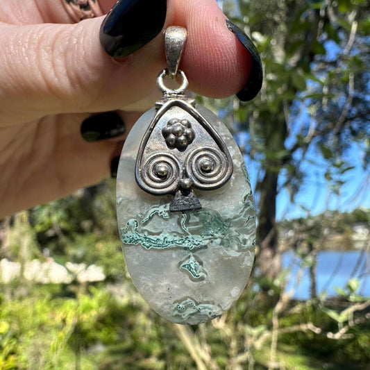 Sterling Silver Moss Agate Pendant with Ornate Detailing