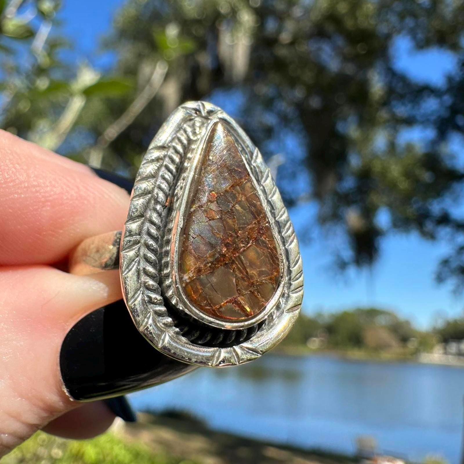 Sterling Silver Ammolite Ring Size 10