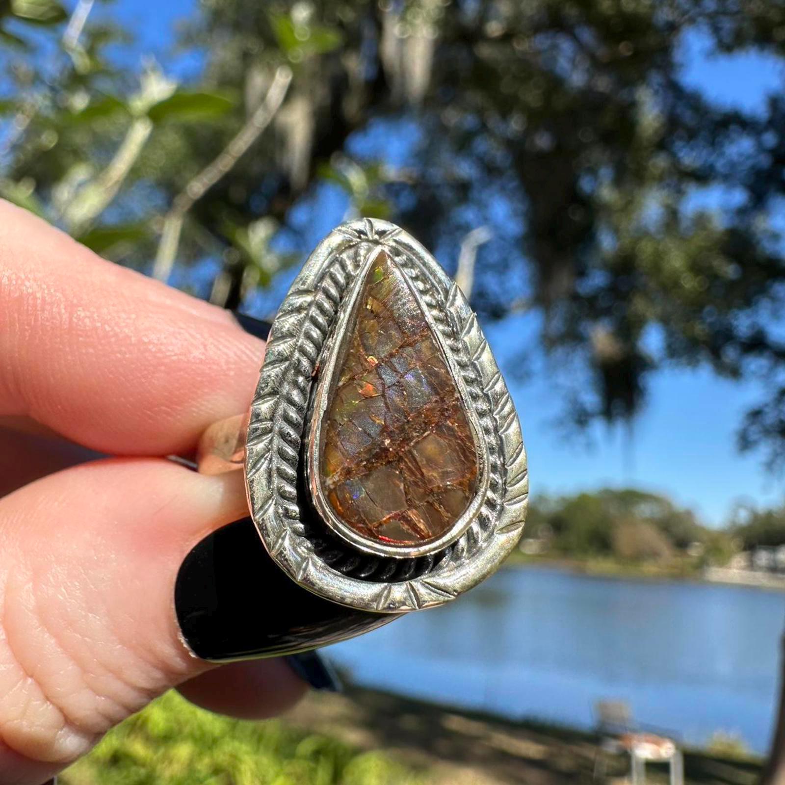 Sterling Silver Ammolite Ring Size 10