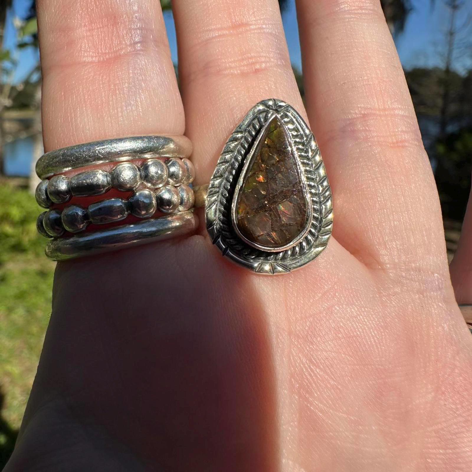 Sterling Silver Ammolite Ring Size 10