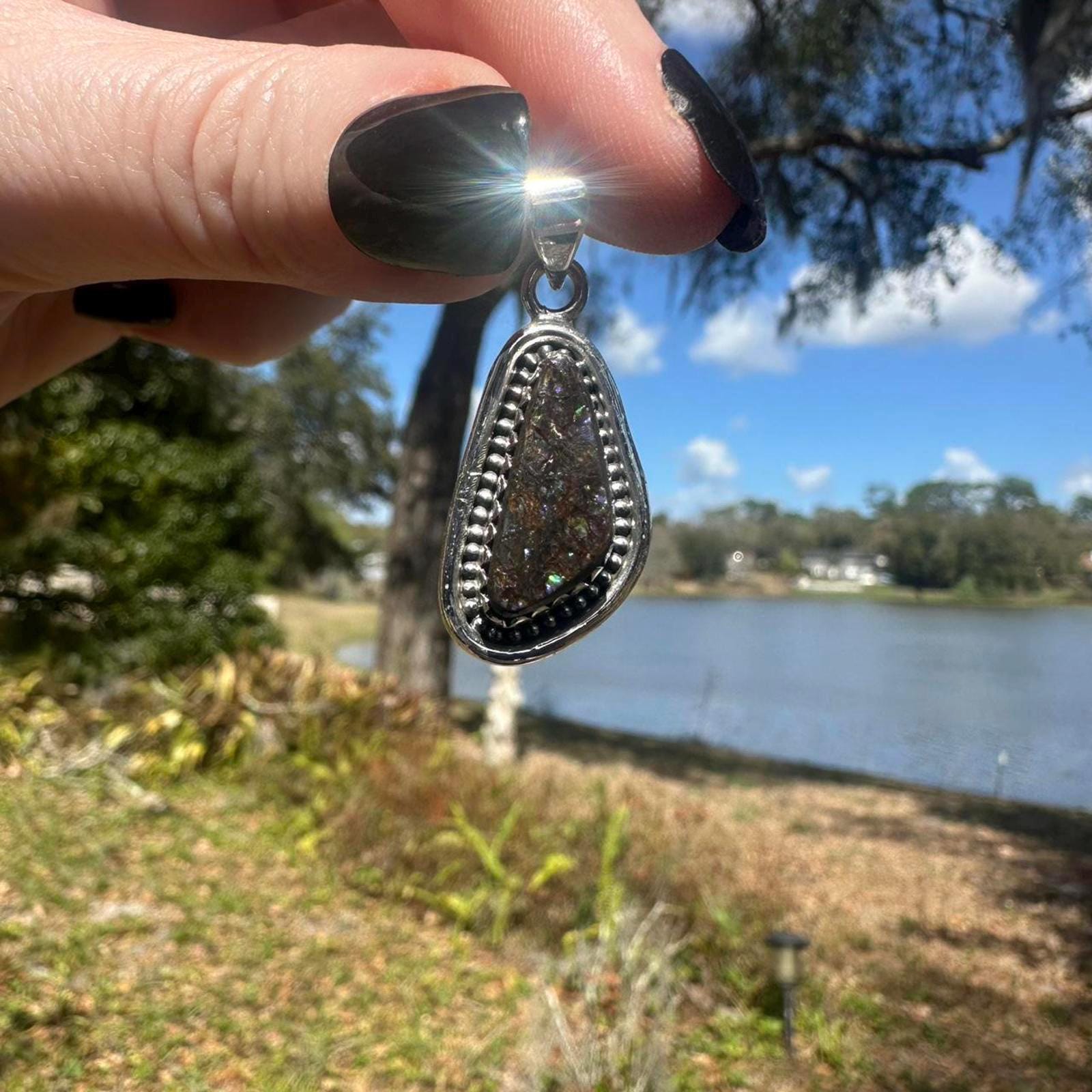 Sterling Silver Brown Ammolite Pendant Approx 1.5 inches