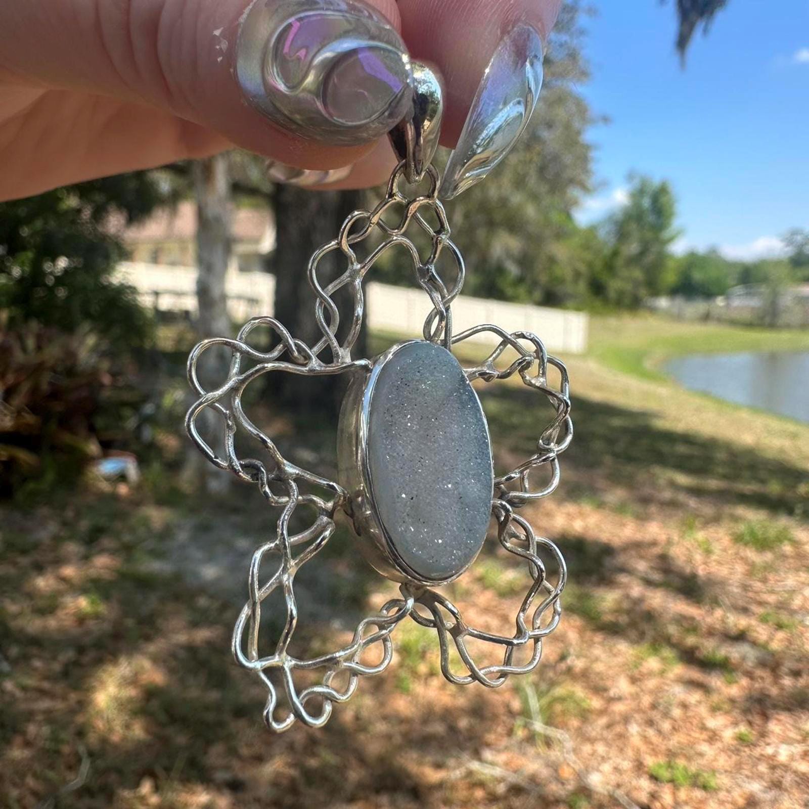 925 Sterling Silver Flower Druzy Pendant