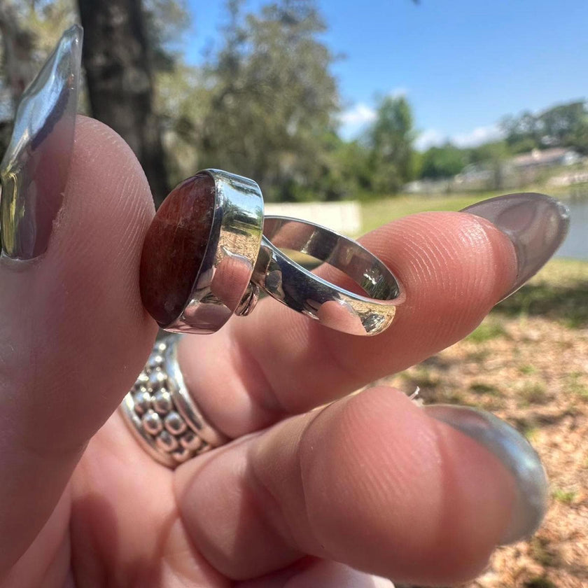 925 Sterling Silver Sunstone Adjustable Thick Band Ring