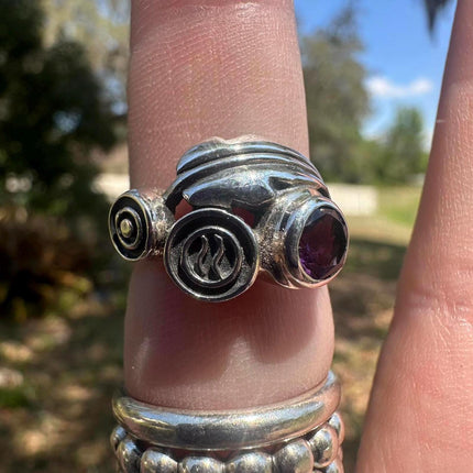 925 Sterling Silver Funky Symbol Amethyst Ring