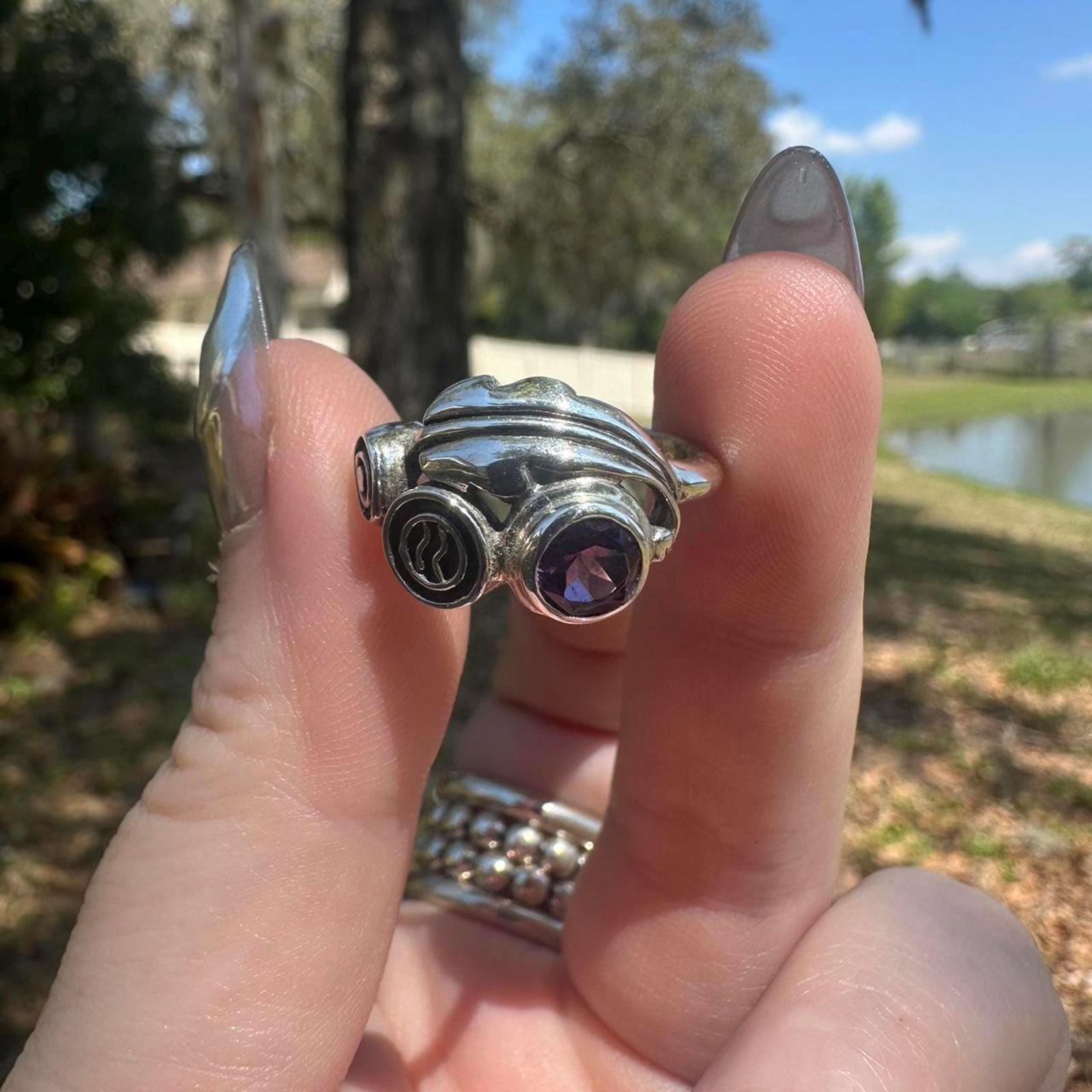 925 Sterling Silver Funky Symbol Amethyst Ring