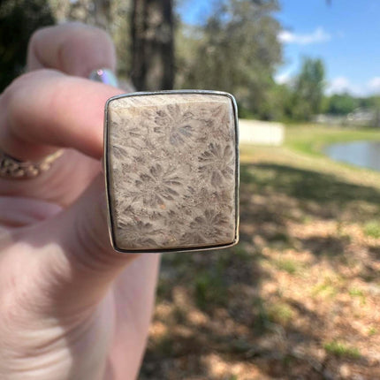 925 Sterling Silver Fossil Coral Ring. Size: Adjustable
