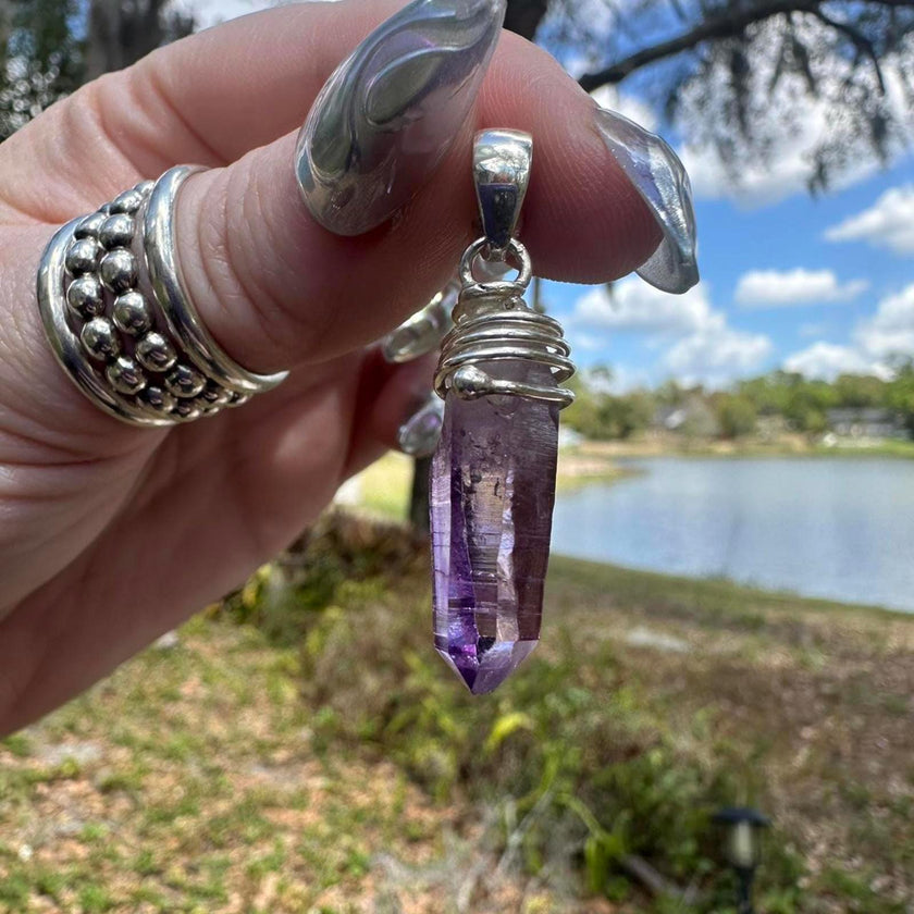 925 Sterling Silver Purple Amethyst Crystal  Pendant