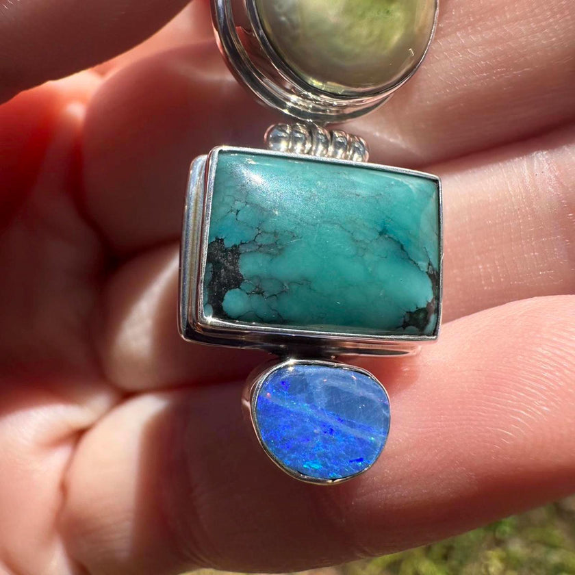 925 Sterling Silver Fresh Water Pearl, Turquoise and Australian Opal Pendant