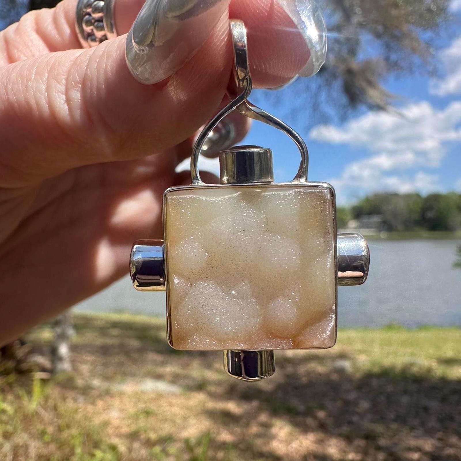 925 Silver Square Druzy & Amethyst Pendant
