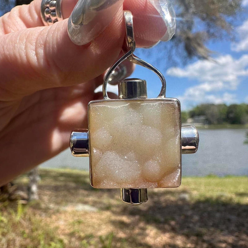 925 Silver Square Druzy & Amethyst Pendant