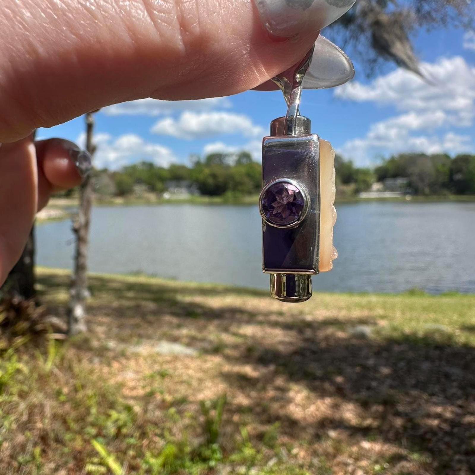 925 Silver Square Druzy & Amethyst Pendant