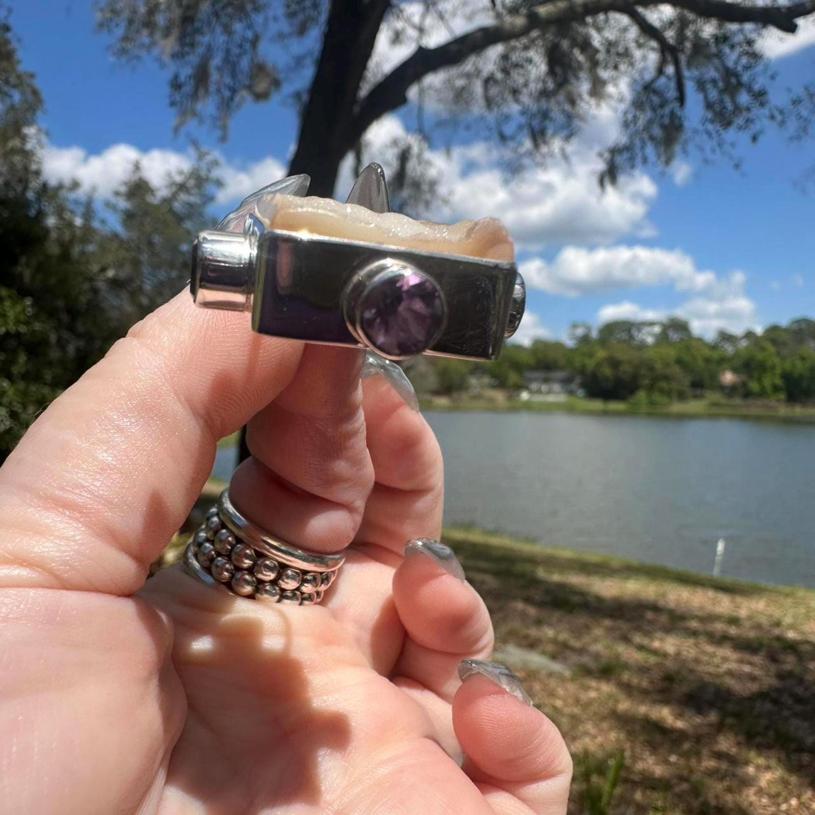 925 Silver Square Druzy & Amethyst Pendant