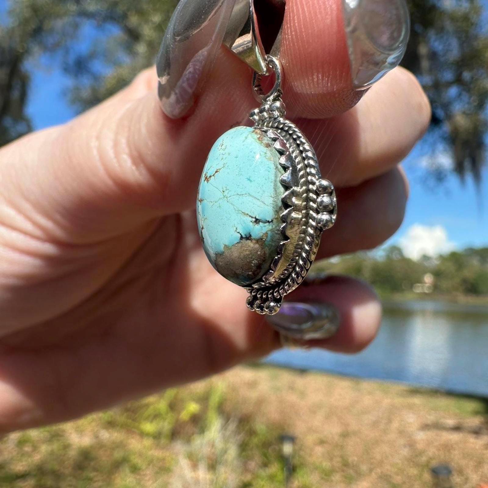 Sterling Silver Kingman Turquoise Pendant . Approx 1” (Small)