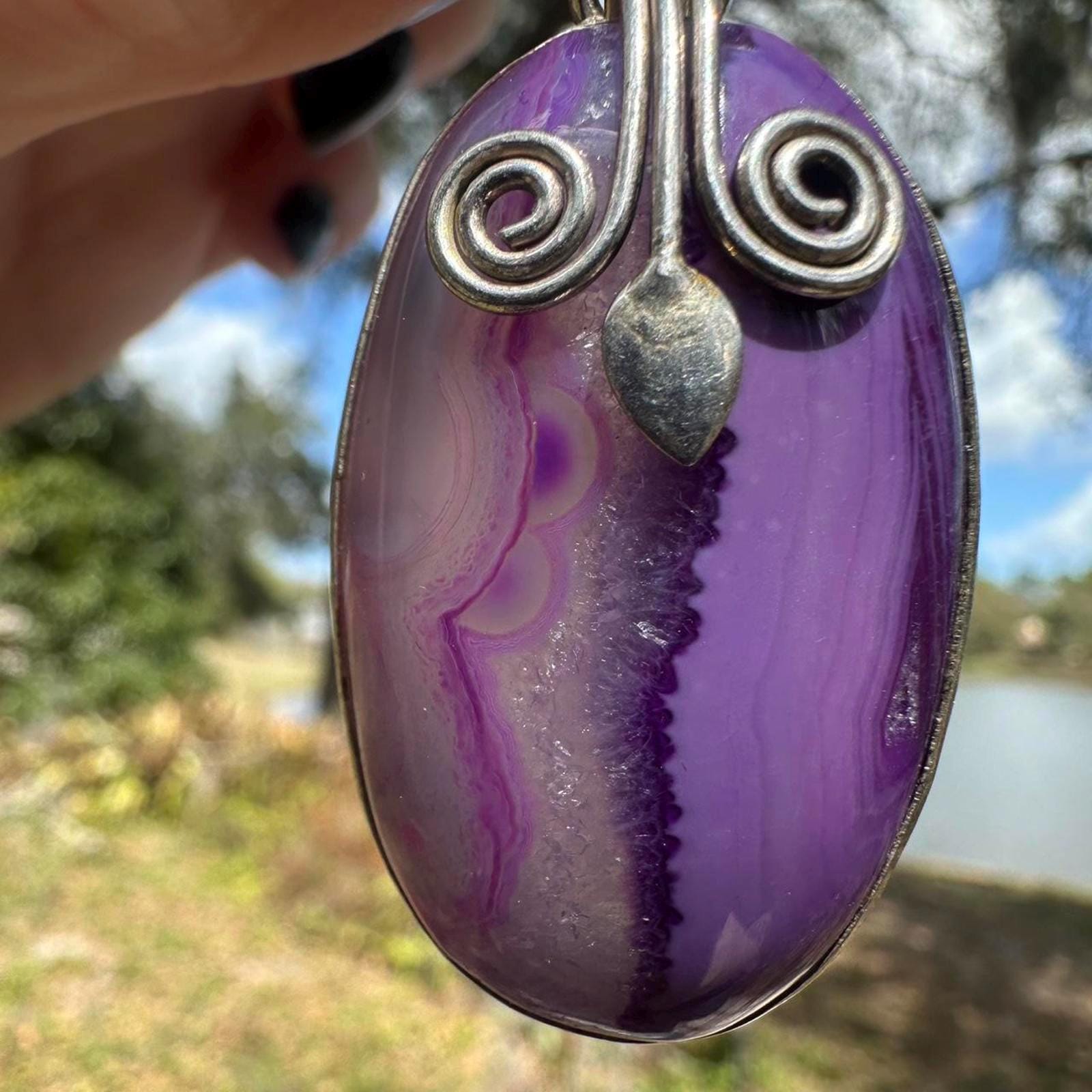 Vintage Sterling Silver Purple Agate Pendant