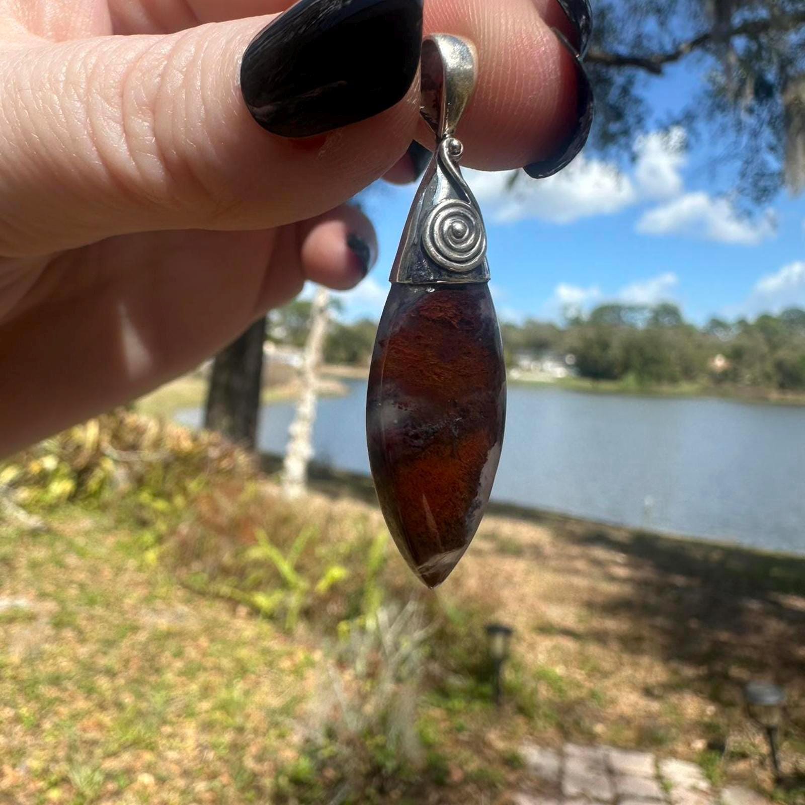 Sterling Silver Bali Style Red & Purple Moss Agate Pendant
