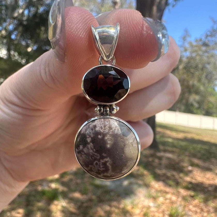 925 Sterling Silver Smokey Quartz and Fossilized Coral Pendant