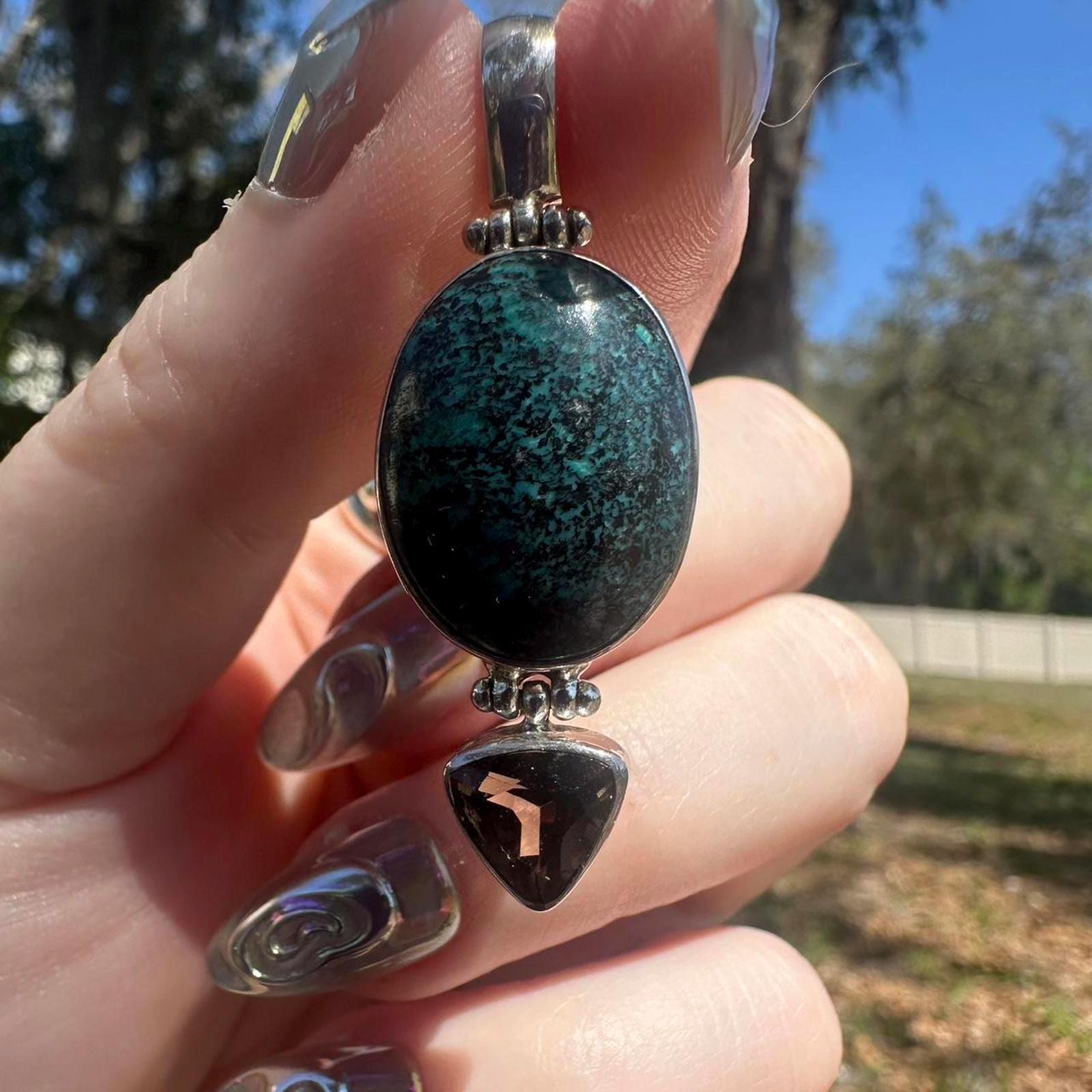 925 Sterling Silver Turquoise and Smokey Quartz Pendant