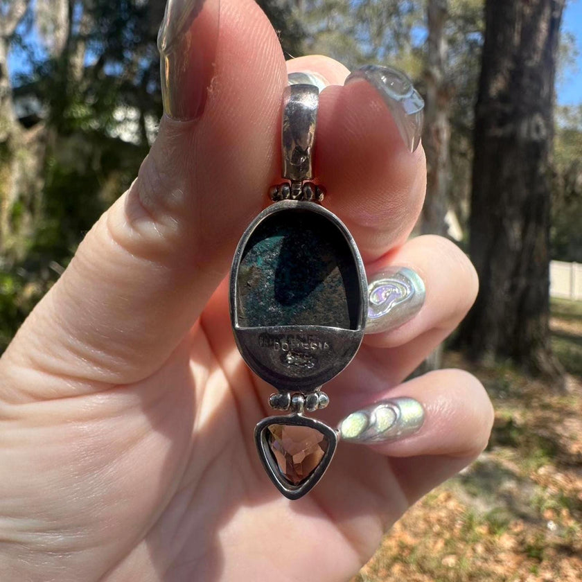 925 Sterling Silver Turquoise and Smokey Quartz Pendant