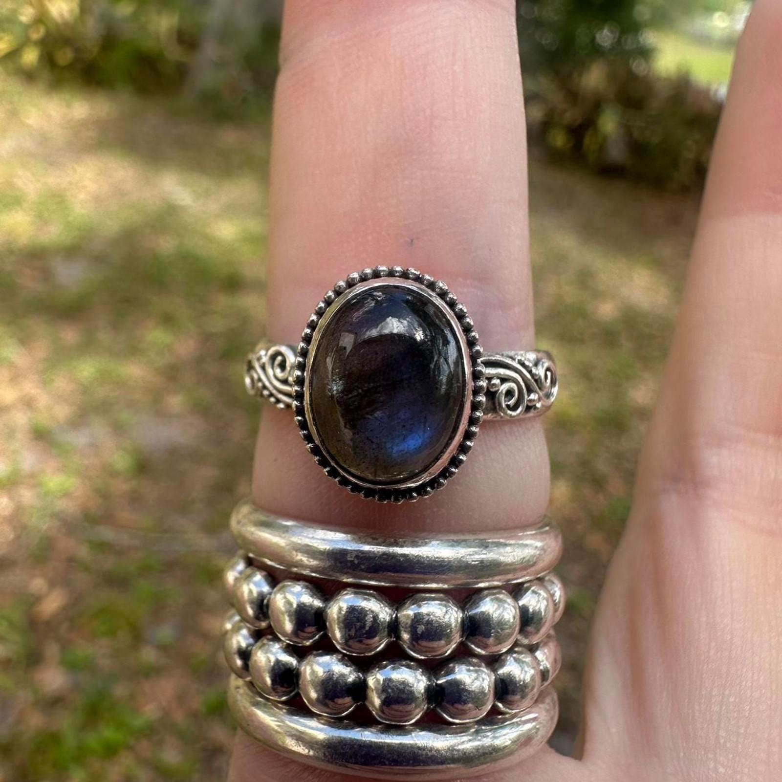 925 Sterling Silver Labradorite Bail Style Ring Size 8