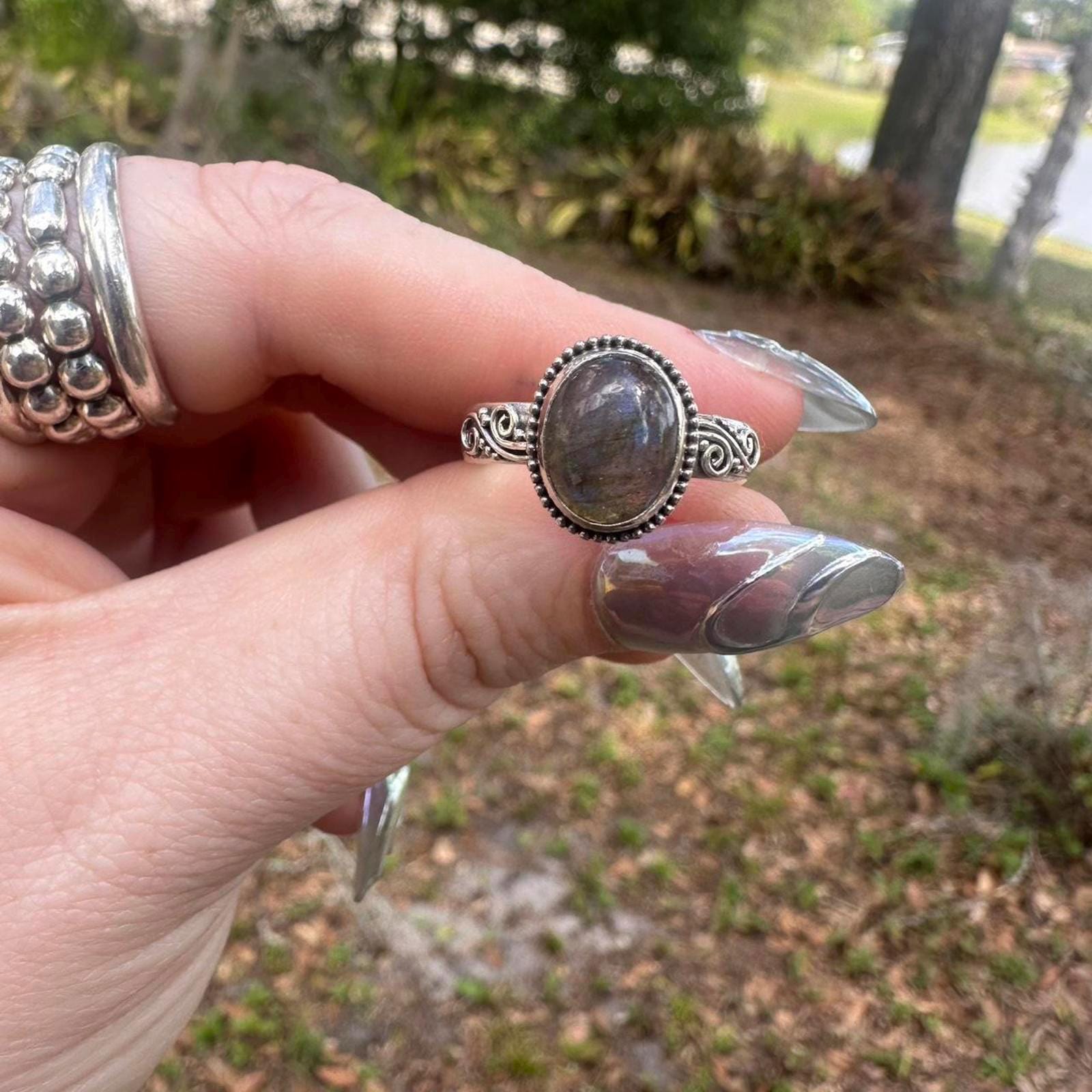 925 Sterling Silver Labradorite Bail Style Ring Size 8