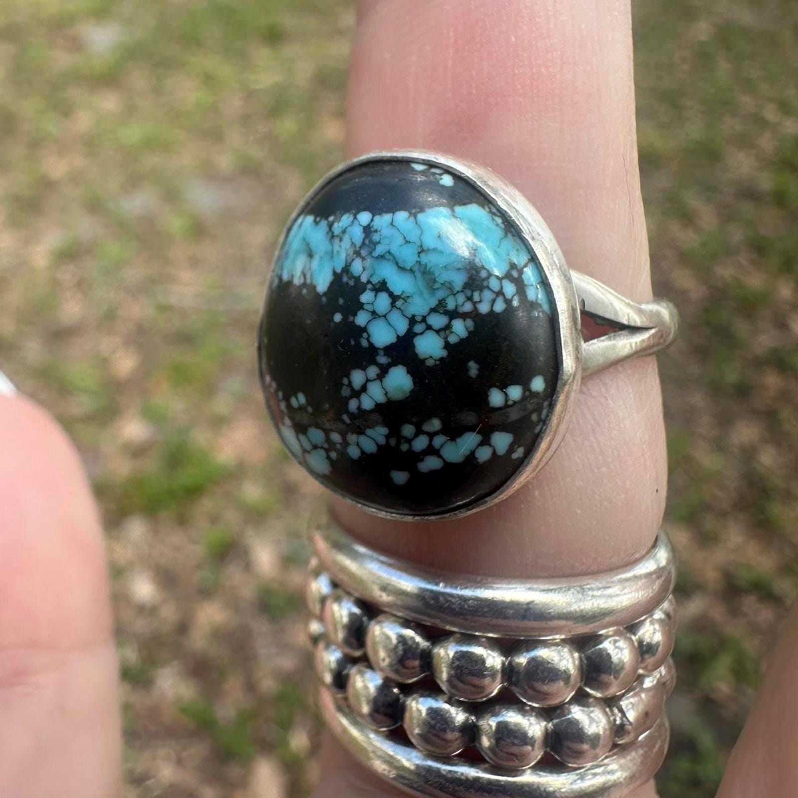 925 Sterling Silver Native American Signed Black & Blue Turquoise Ring Size 8