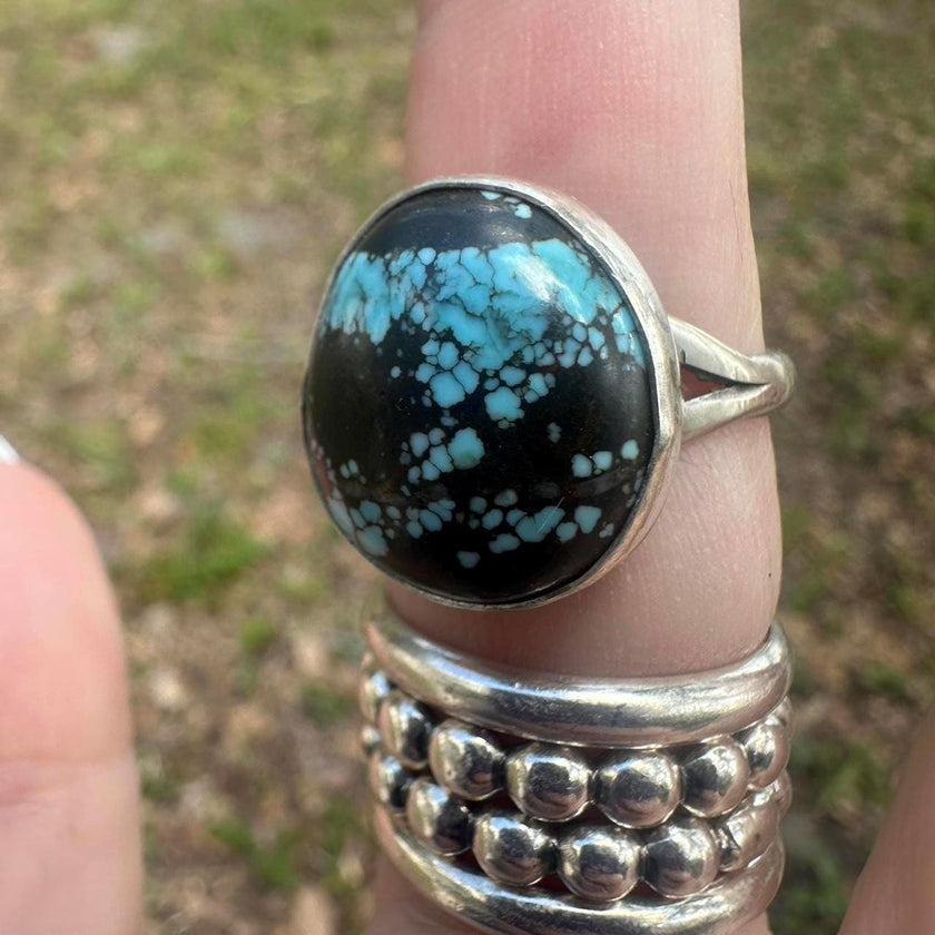 925 Sterling Silver Native American Signed Black & Blue Turquoise Ring Size 8
