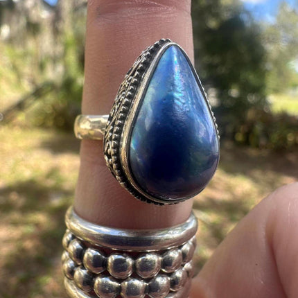 925 Sterling Silver Blue Biwa Pearl Ring Size 7