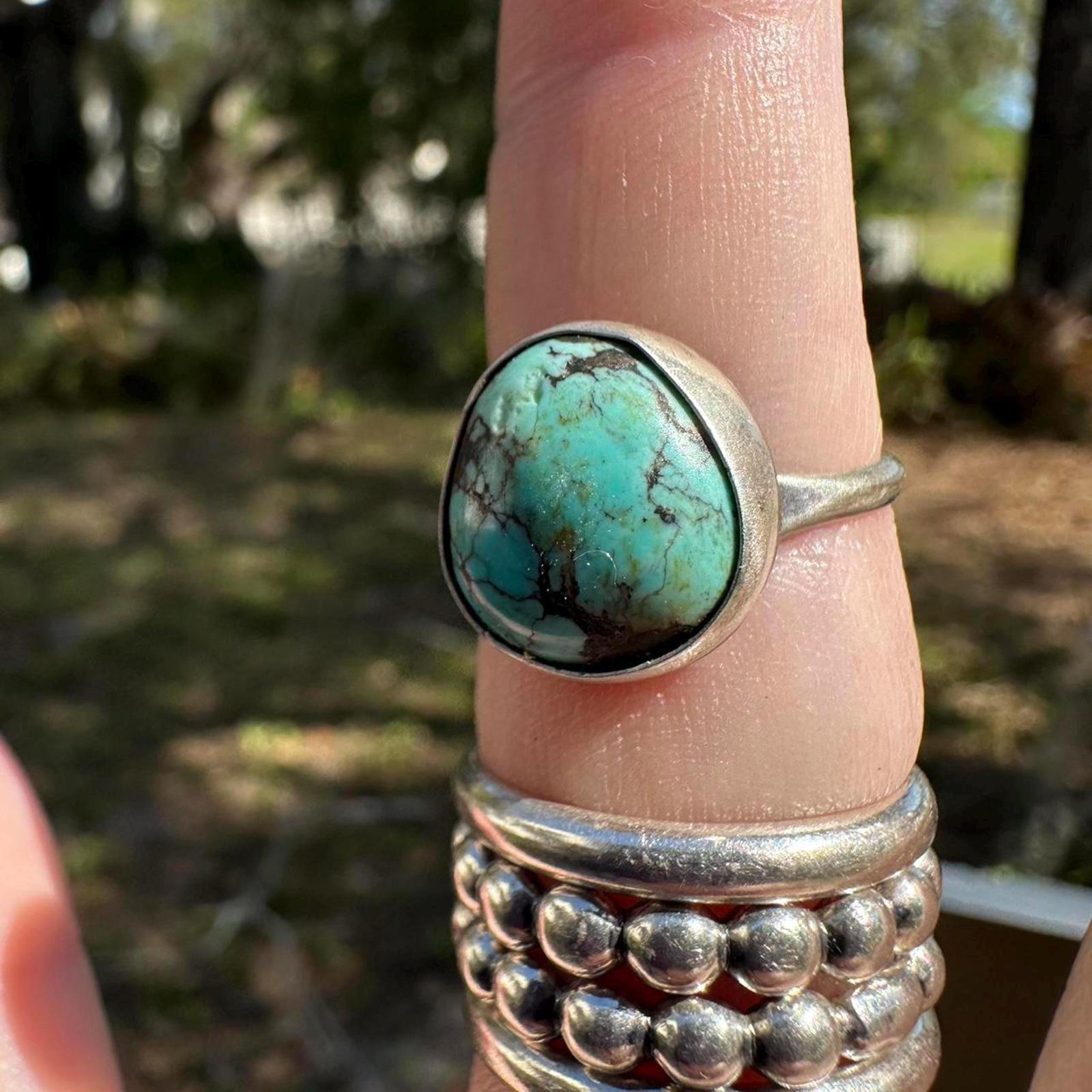 925 Sterling Silver Native American Signed Blue Turquoise Ring Size 7