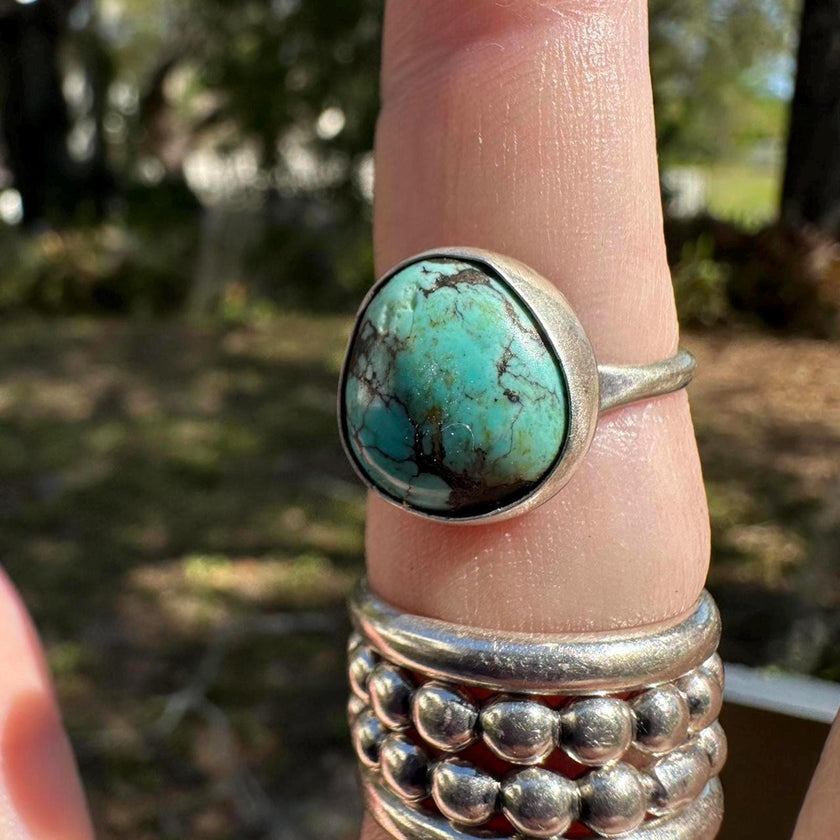 925 Sterling Silver Native American Signed Blue Turquoise Ring Size 7