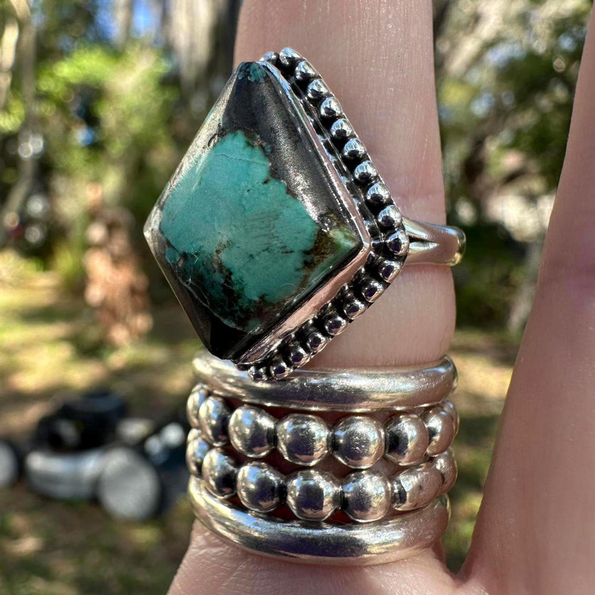 925 Sterling Silver Blackjack Turquoise Ring Size 9