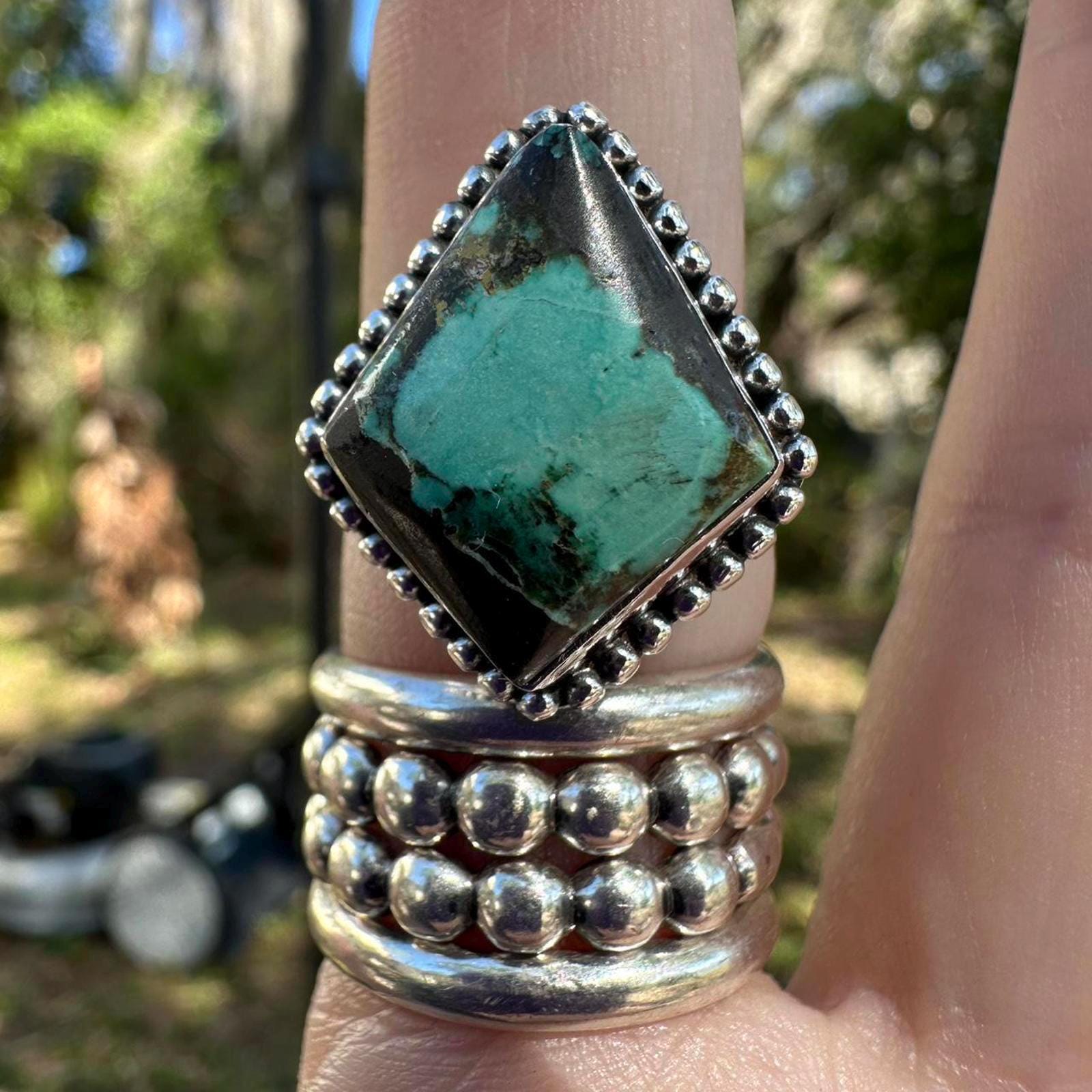 925 Sterling Silver Blackjack Turquoise Ring Size 9