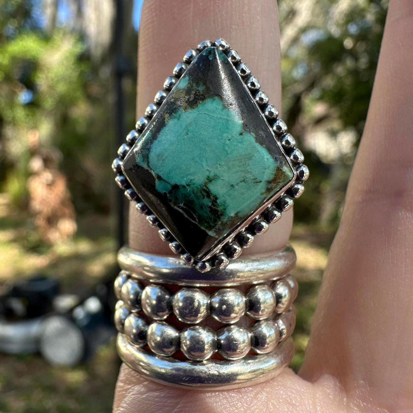925 Sterling Silver Blackjack Turquoise Ring Size 9