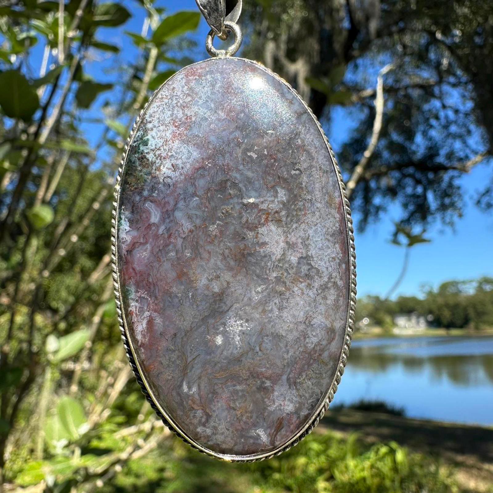 Sterling Silver Purple Moss Agate Pendant.