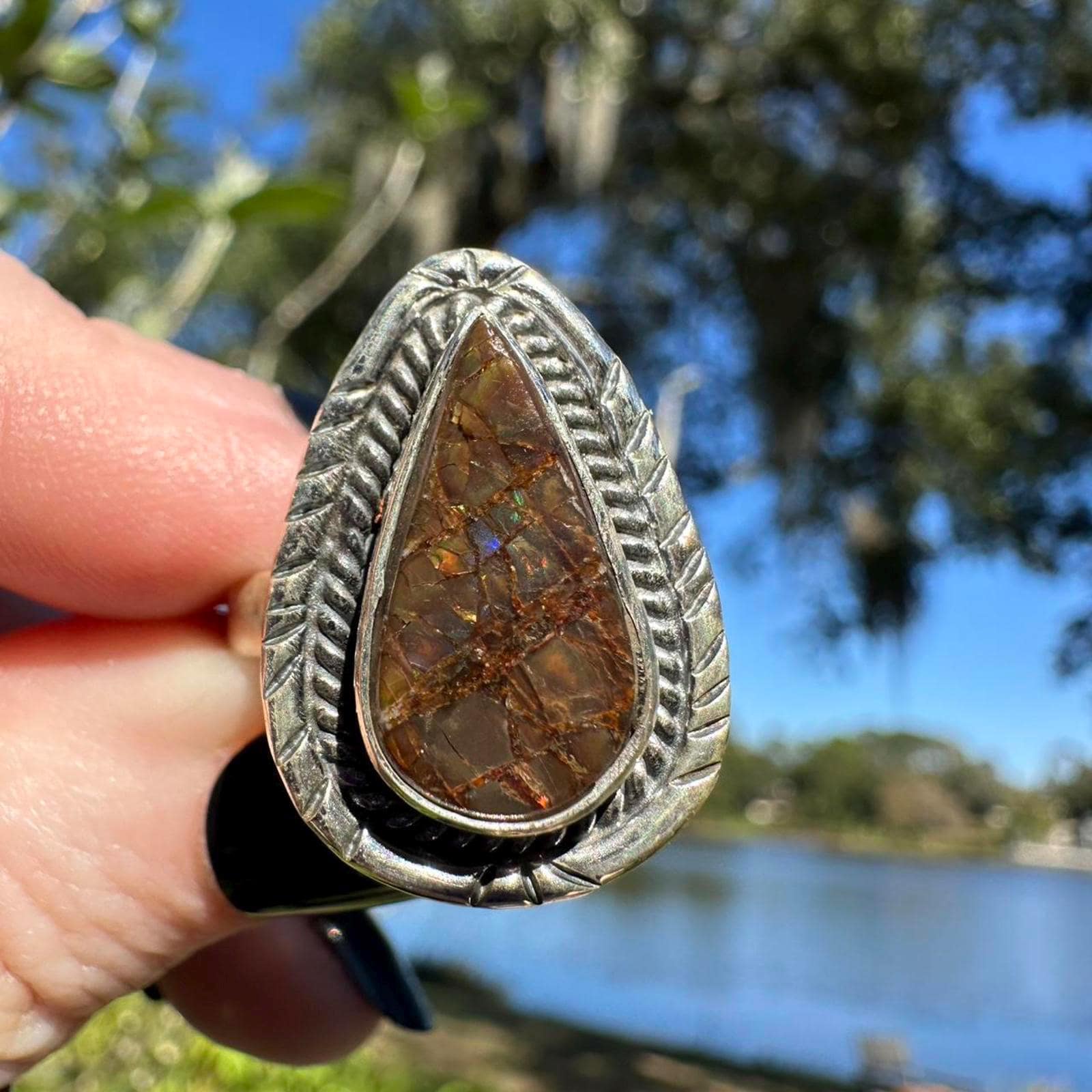 Sterling Silver Ammolite Ring Size 10