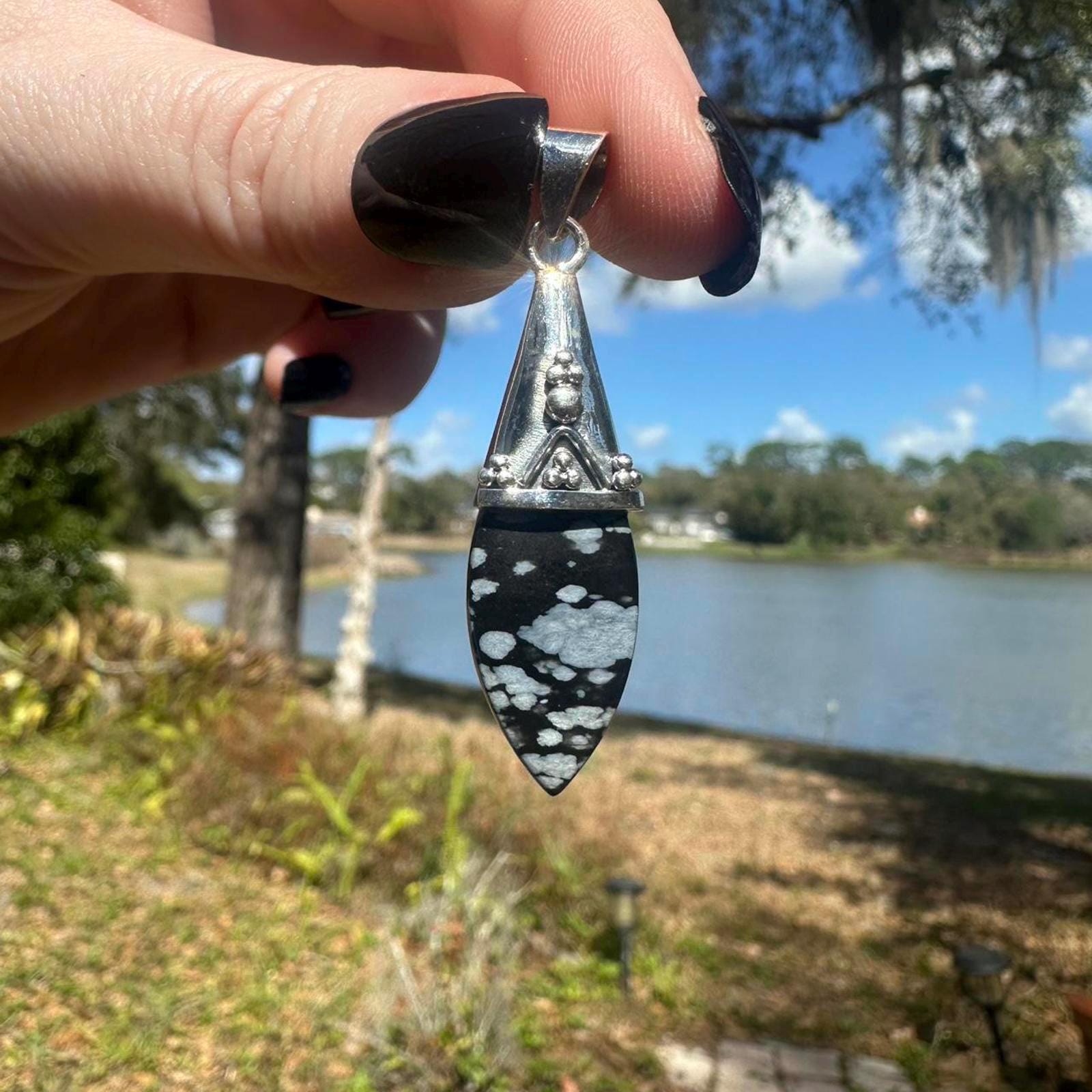 Sterling Silver Snowflake Obsidian Pendant Approx 1.5 inches