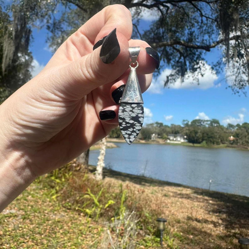 Sterling Silver Snowflake Obsidian Pendant Approx 1.5 inches