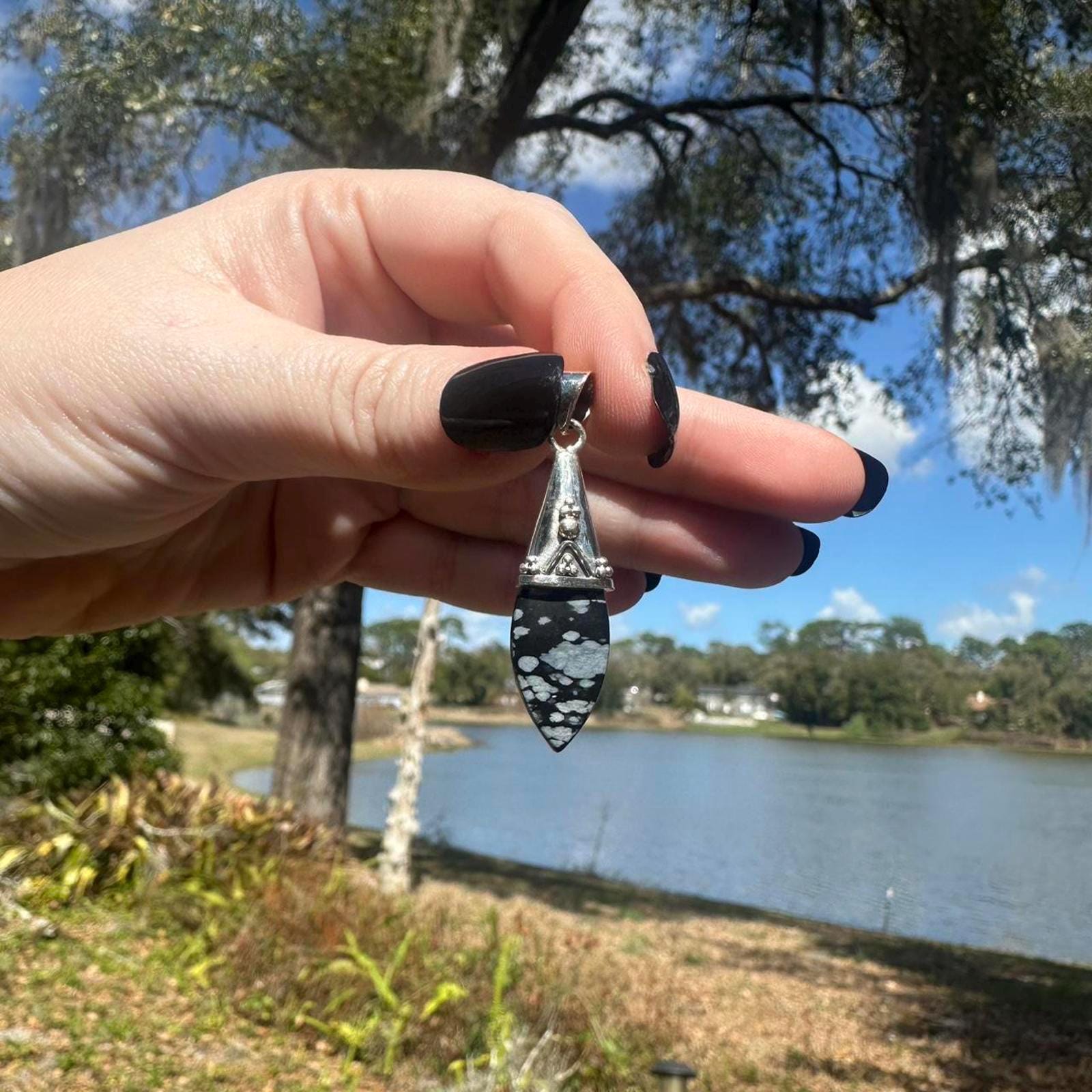 Sterling Silver Snowflake Obsidian Pendant Approx 1.5 inches