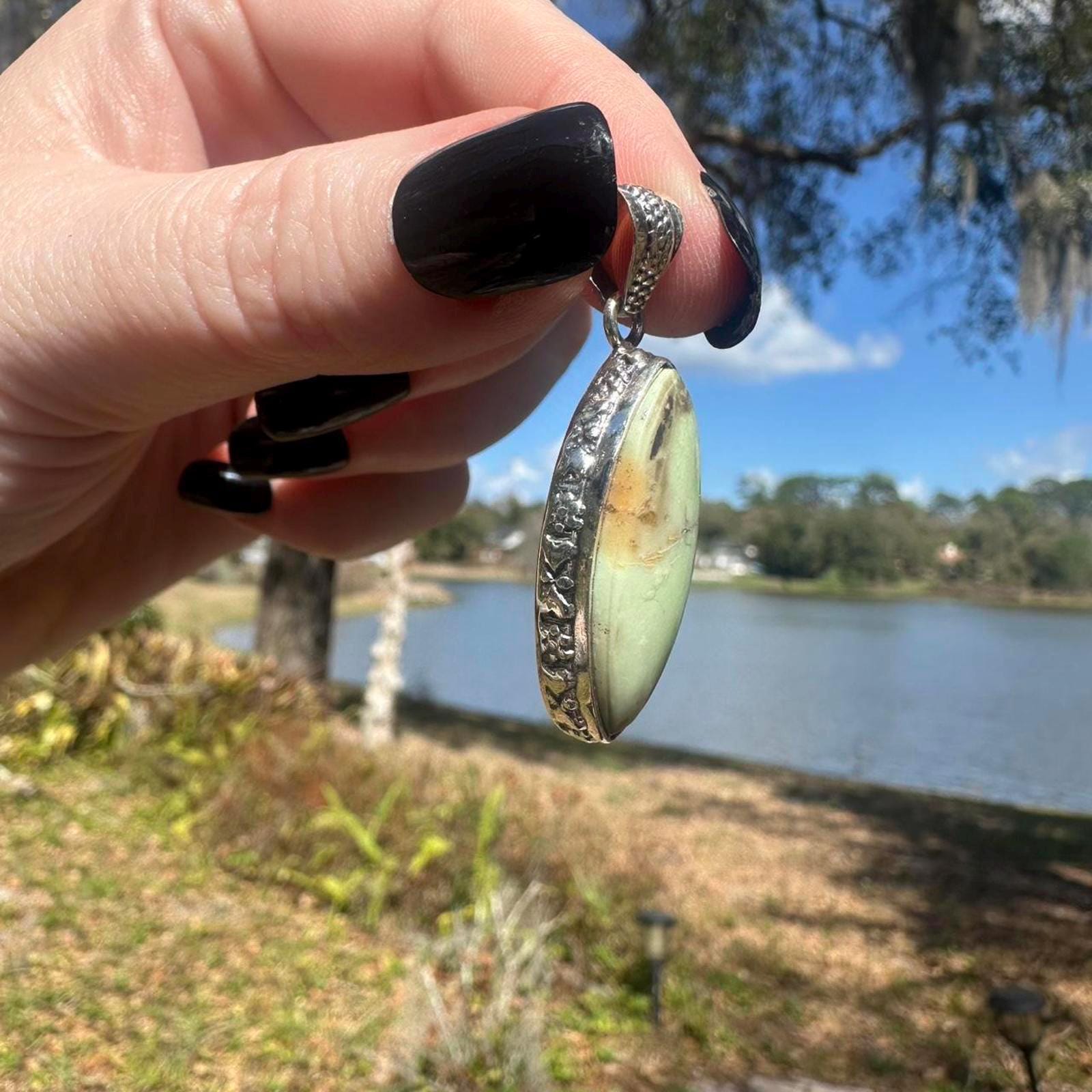 Sterling Silver Natural Green Chrysocalla Pendant.