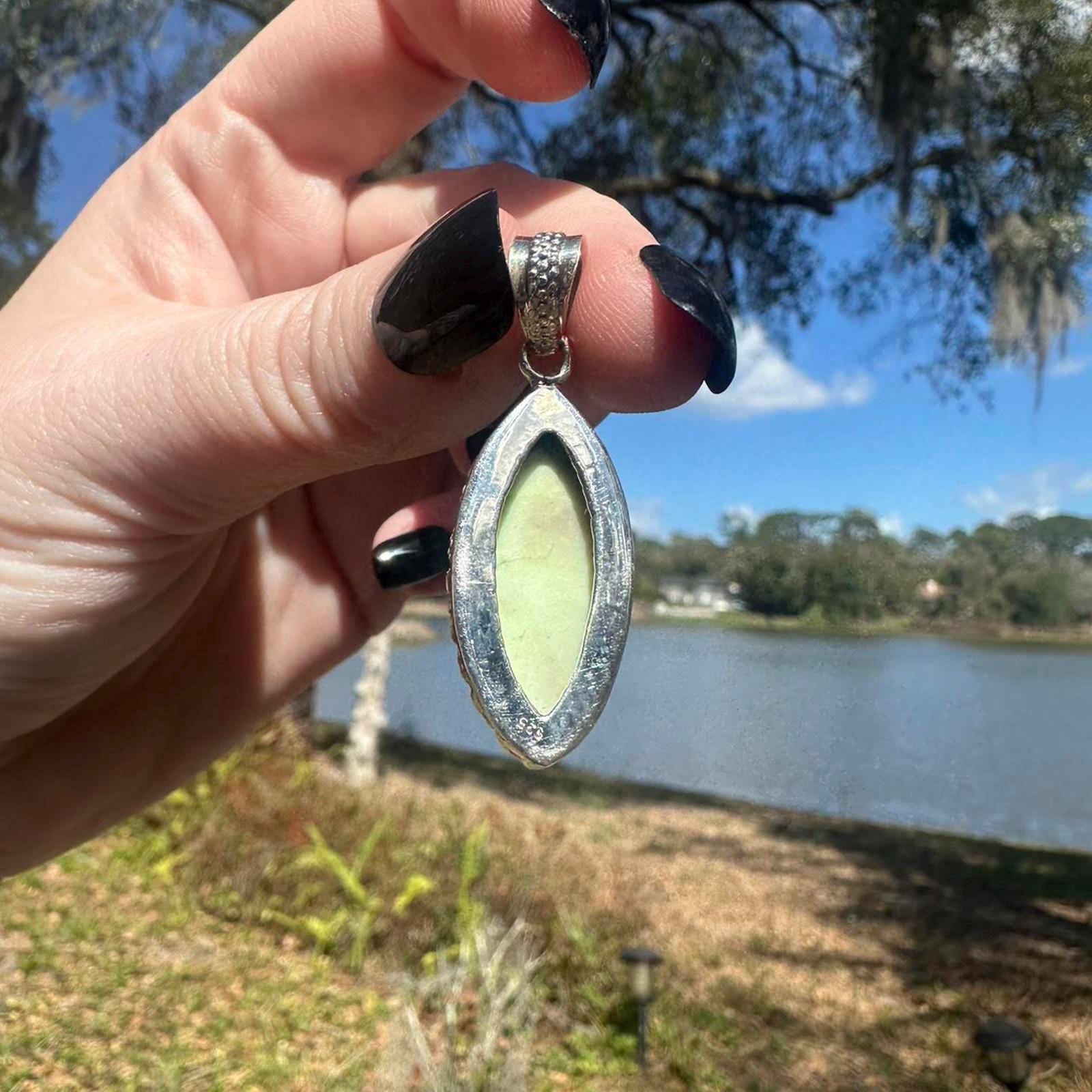 Sterling Silver Natural Green Chrysocalla Pendant.