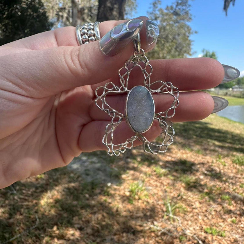 925 Sterling Silver Flower Druzy Pendant