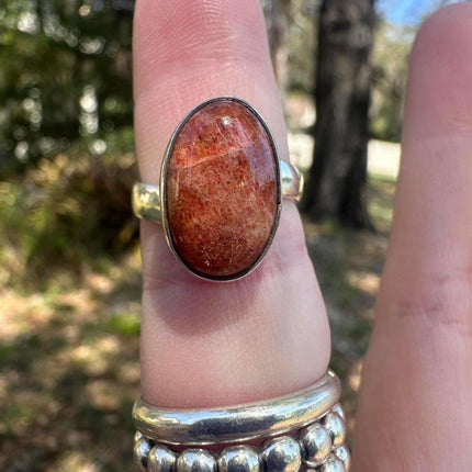 925 Sterling Silver Sunstone Adjustable Thick Band Ring