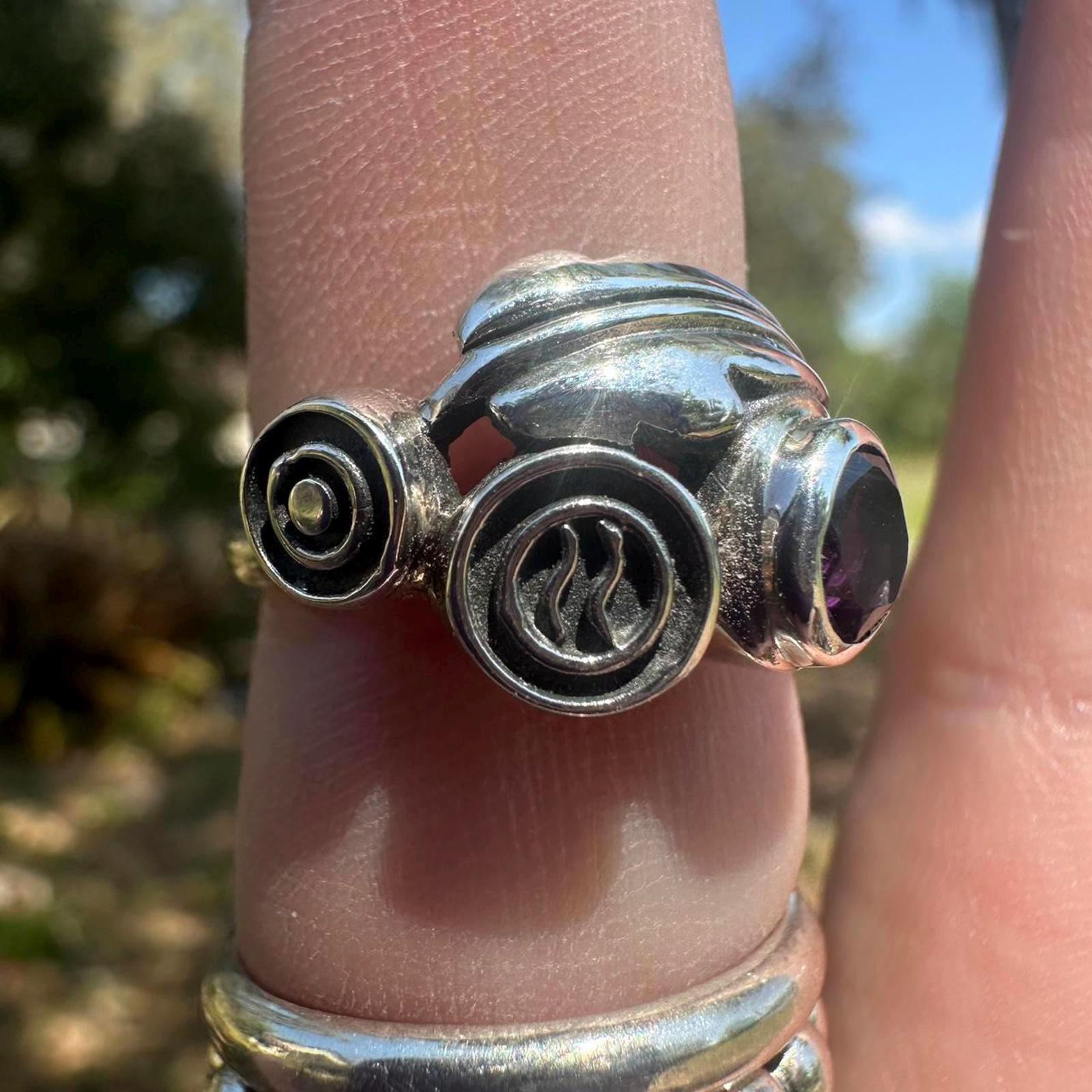 925 Sterling Silver Funky Symbol Amethyst Ring