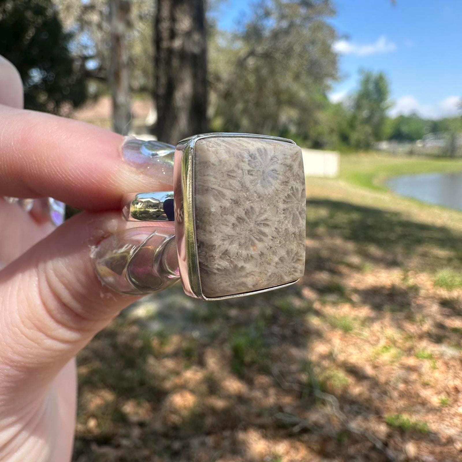 925 Sterling Silver Fossil Coral Ring. Size: Adjustable