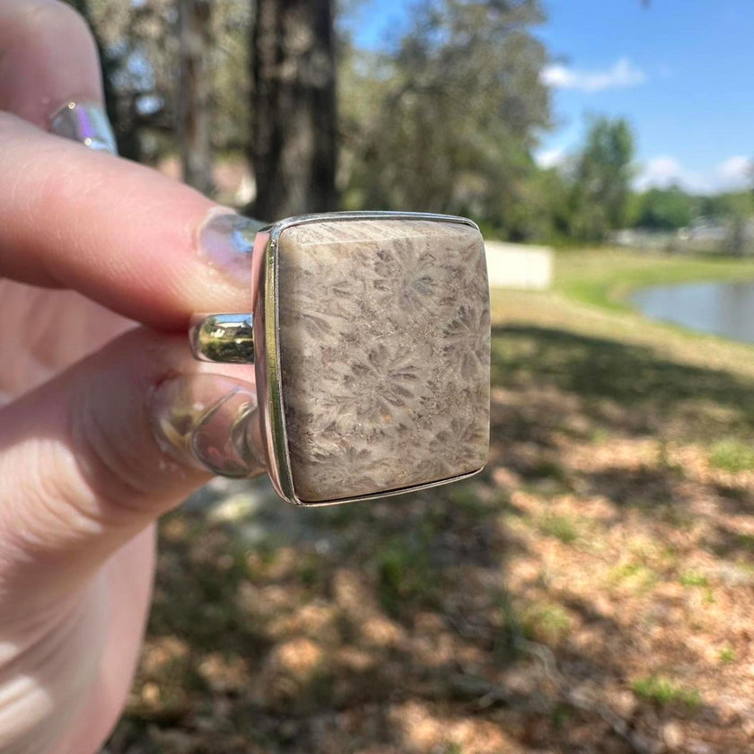 925 Sterling Silver Fossil Coral Ring. Size: Adjustable
