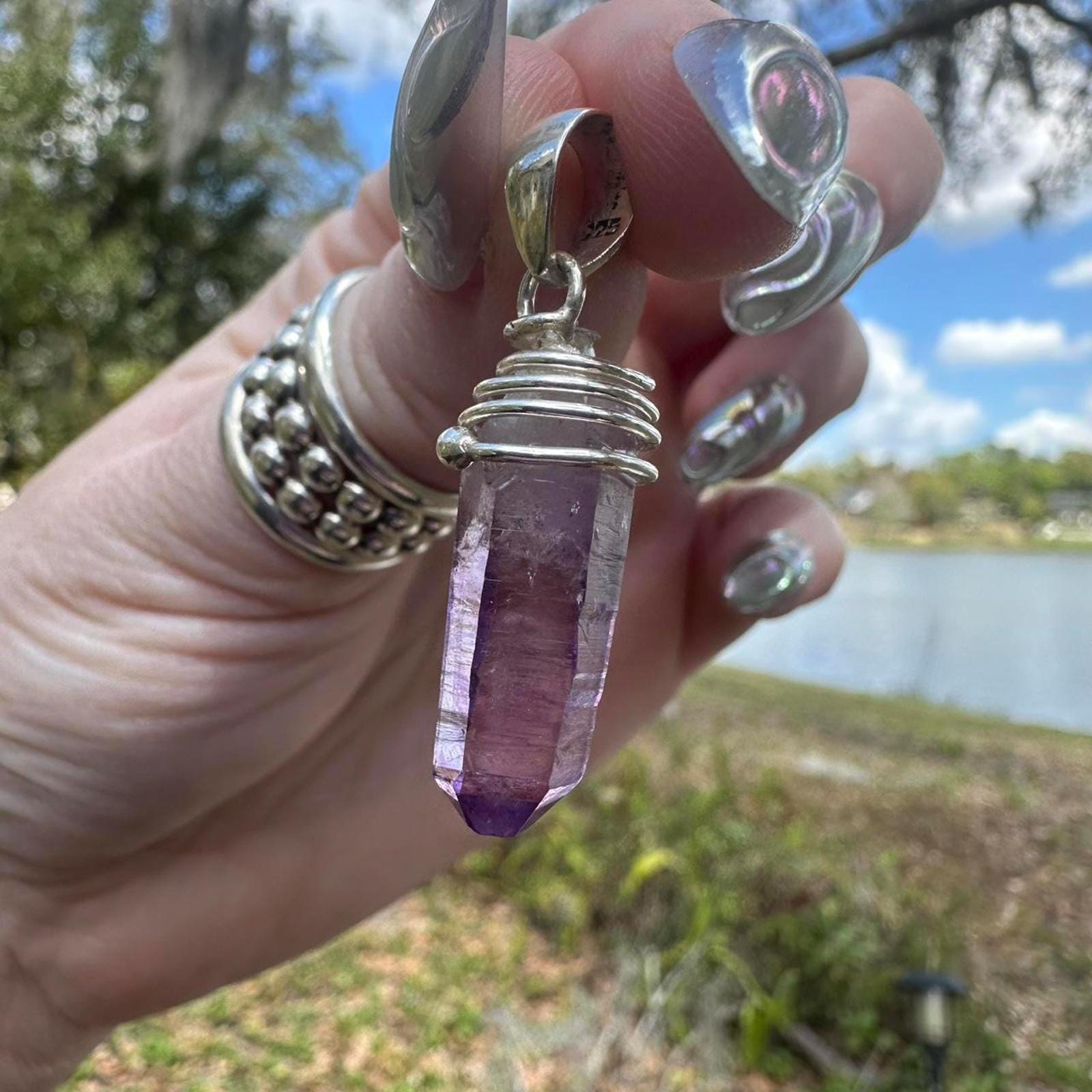 925 Sterling Silver Purple Amethyst Crystal  Pendant