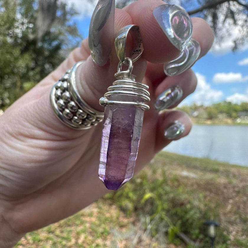 925 Sterling Silver Purple Amethyst Crystal  Pendant