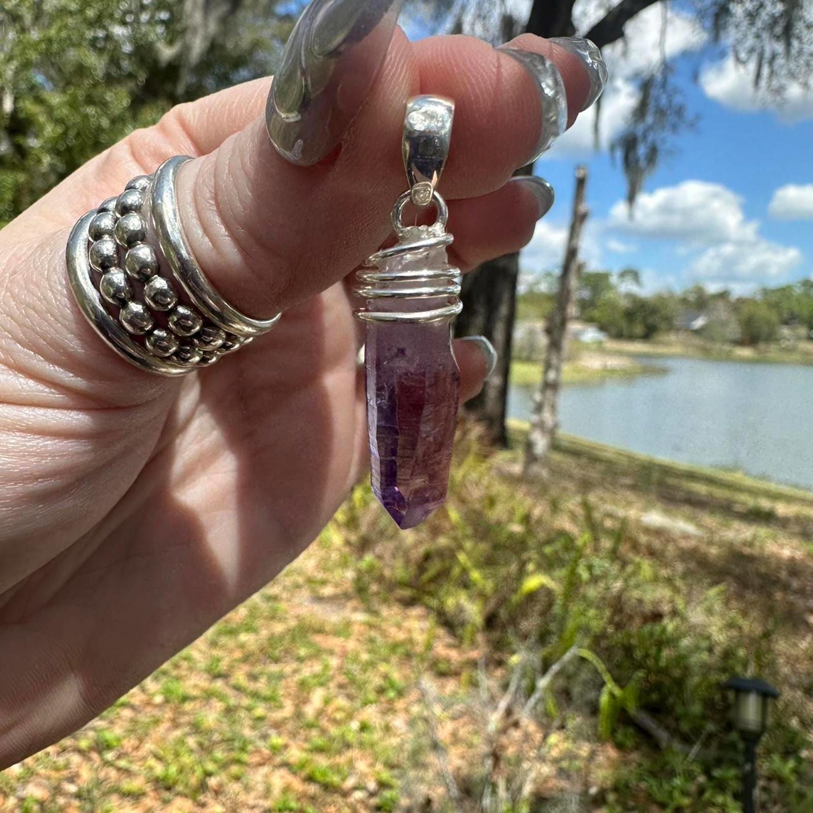 925 Sterling Silver Purple Amethyst Crystal  Pendant